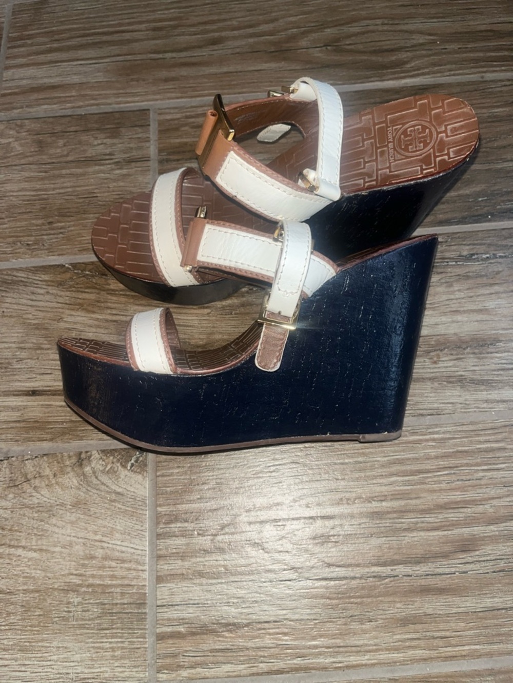 Tory Burch White Leather Strappy Wedges with Black Platform